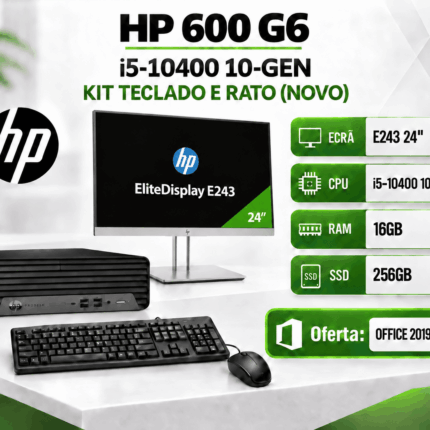 BUNDLE - HP 600 G6 SFF CORE i5-10400 10-GEN 16GB 256GB SSD WIN 11 PRO + MONITOR HP E243 + KIT TECLADO + RATO NOVO + OFFICE 2019 C&E